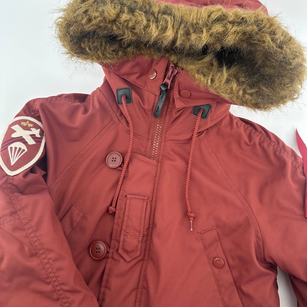 Alpha Industries MA 1‎ Bomber Jacket Parka Women XS Burgundy Fur Hood Patch